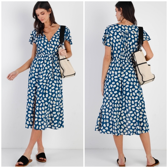 LAST ONE❗️SUGAR+LIPS Boho Chic Feminine Dark Teal Floral Midi Dress - Picture 3 of 4